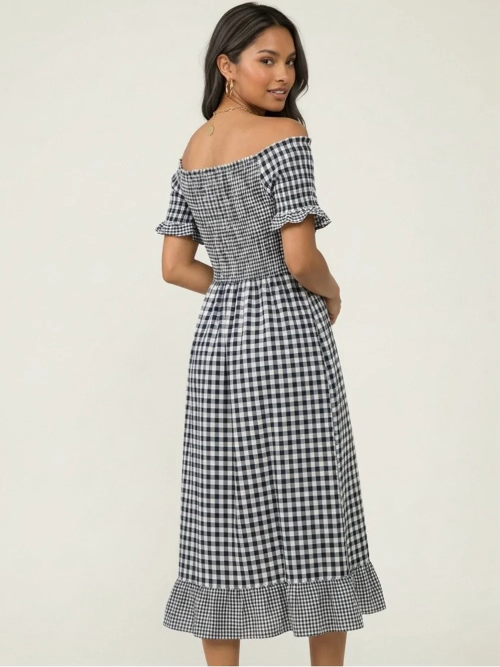 POL Navy Smocked Gingham Midi Dress | Off Shoulder Checkered Dress Cottage - Picture 7 of 8